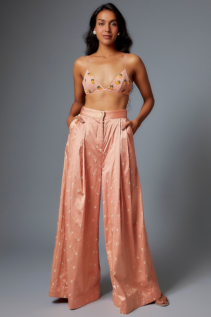 Coral Silk Satin Embroidered Pleated Pant Set by The little black bow at Pernia's Pop Up Shop