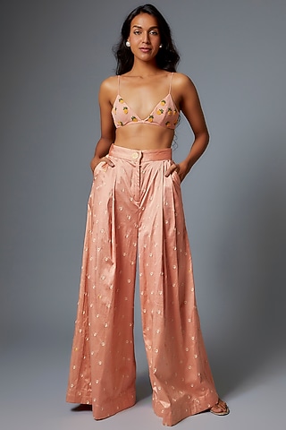 Coral Silk Satin Embroidered Pleated Pant Set by The little black bow