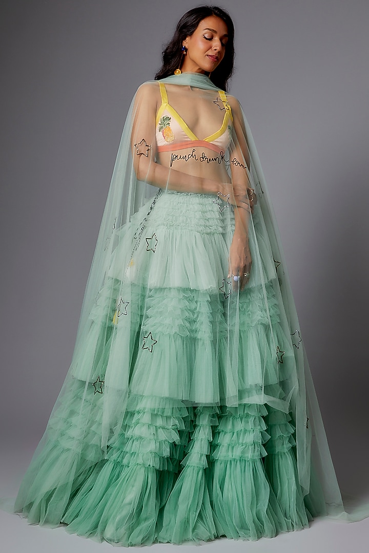 Seafoam Tulle Tiered Ruffle Wedding Lehenga Set by The little black bow at Pernia's Pop Up Shop