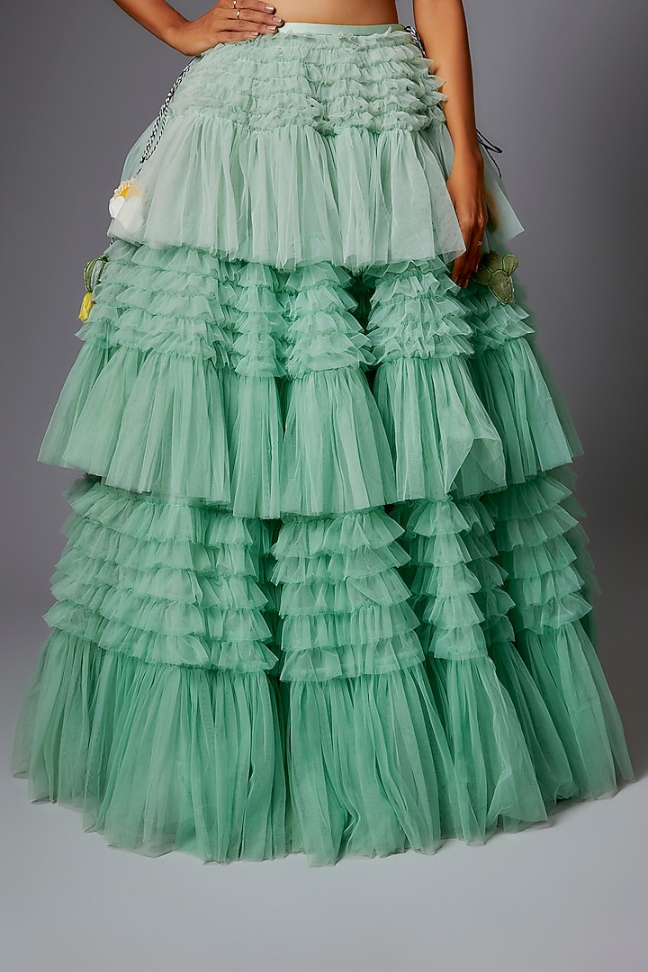 Seafoam Tulle Tiered Ruffle Wedding Lehenga Set by The little black bow at Pernia's Pop Up Shop