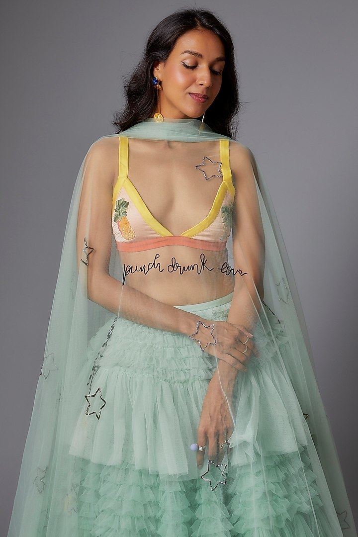 Seafoam Tulle Tiered Ruffle Wedding Lehenga Set by The little black bow at Pernia's Pop Up Shop