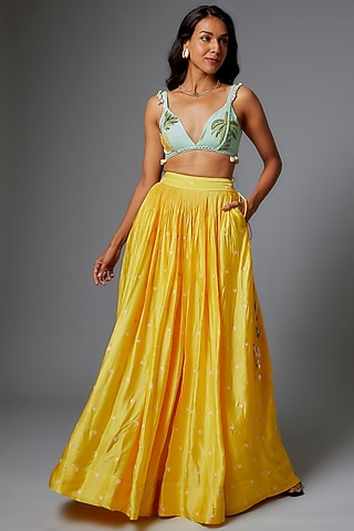 Yellow Crepe Silk Lehenga Set by The Little Black Bow