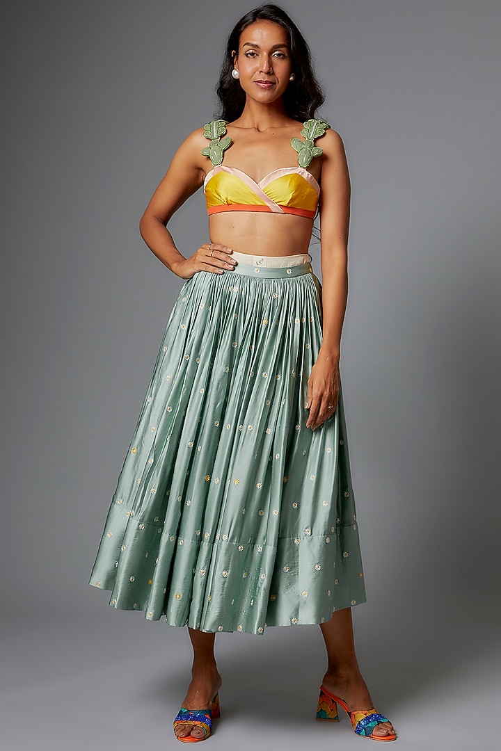 Teal Silk Hand Embroidered Skirt Set by The Little Black Bow at Pernia's Pop Up Shop