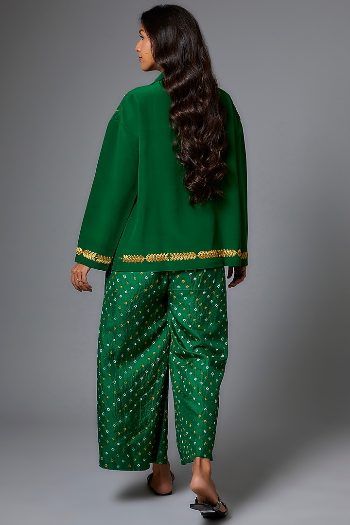 Green Handwoven Silk Hand Embroidered Jacket Set by The Little Black Bow at Pernia's Pop Up Shop
