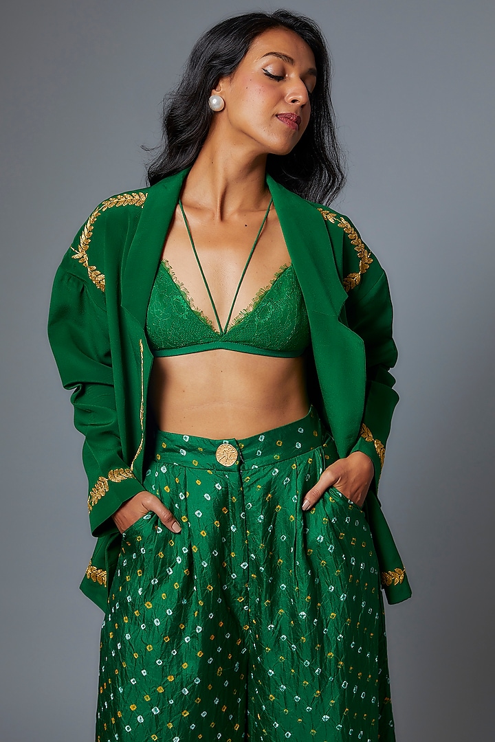 Green Handwoven Silk Hand Embroidered Jacket Set by The Little Black Bow at Pernia's Pop Up Shop