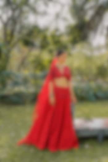 Red Silk & Tulle Embroidered Bridal lehenga for 22 Lehenga Set by The Little Black Bow at Pernia's Pop Up Shop