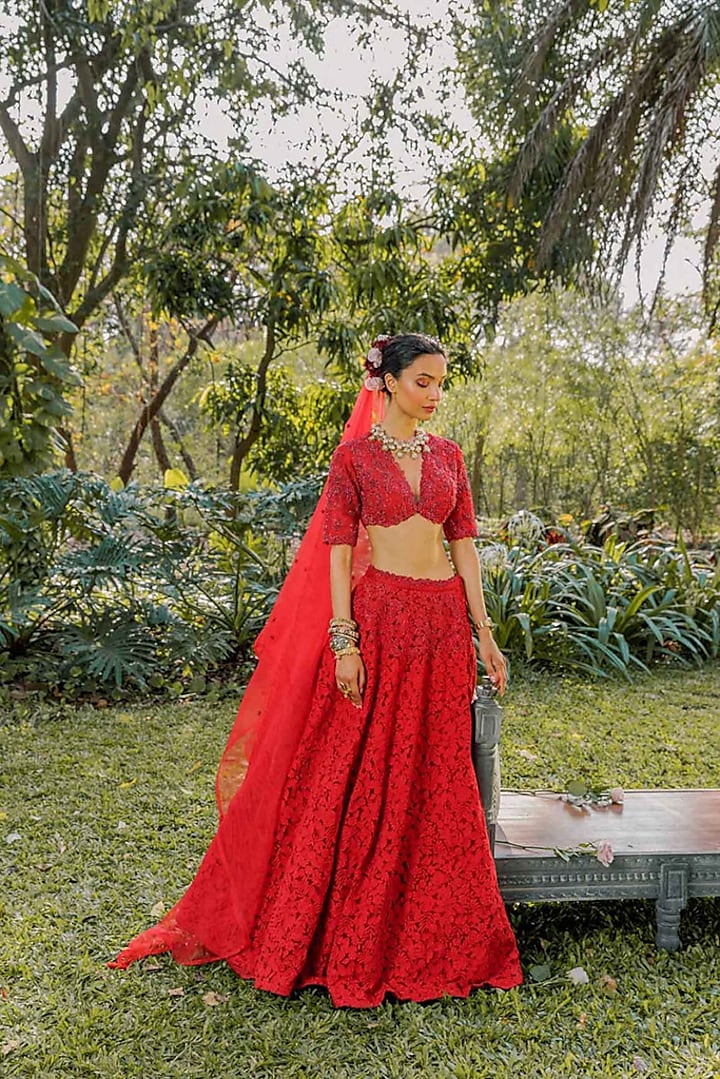 Red Silk & Tulle Embroidered Bridal lehenga for 22 Lehenga Set by The Little Black Bow at Pernia's Pop Up Shop