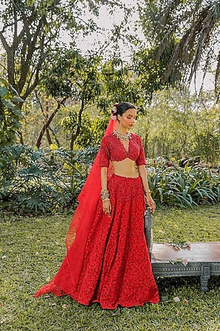 Red Silk & Tulle Embroidered Lehenga Set by The Little Black Bow