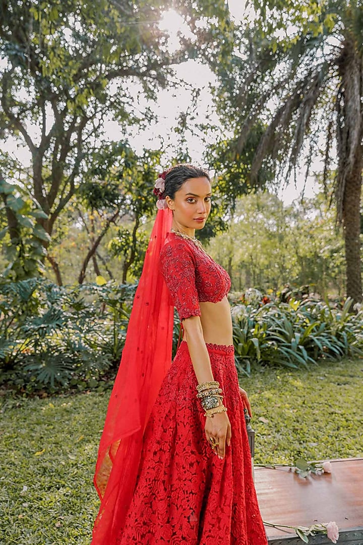 Red Silk & Tulle Embroidered Wedding Lehenga Set by The Little Black Bow at Pernia's Pop Up Shop