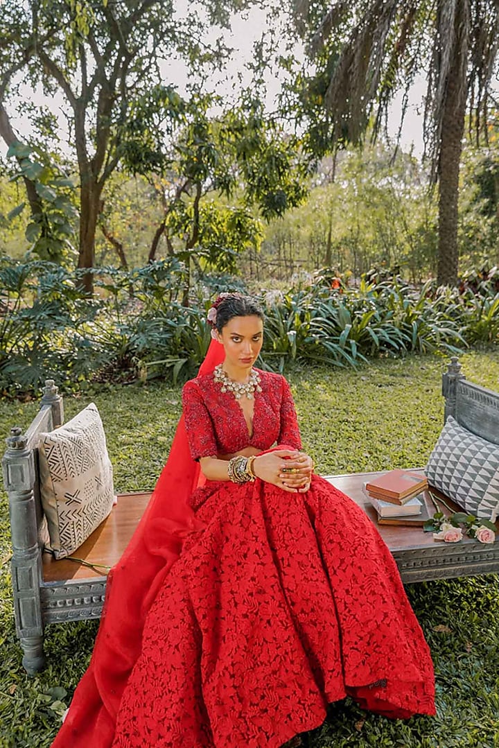 Red Silk & Tulle Embroidered Wedding Lehenga Set by The Little Black Bow at Pernia's Pop Up Shop