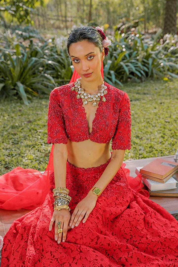 Red Silk & Tulle Embroidered Wedding Lehenga Set by The Little Black Bow at Pernia's Pop Up Shop