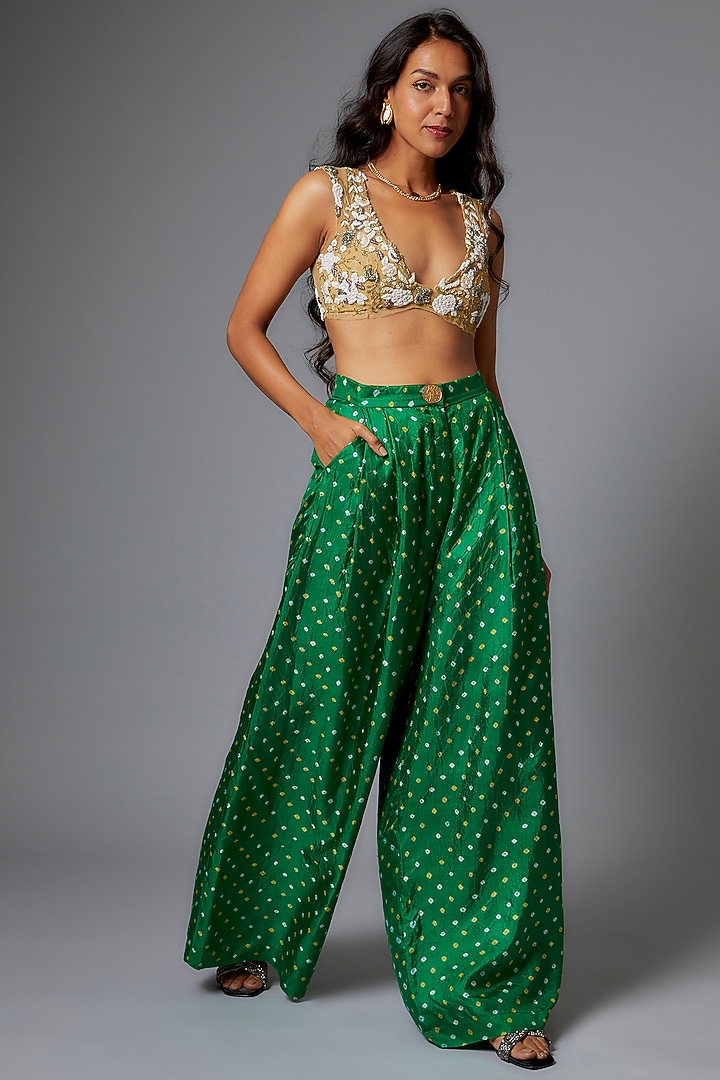 Emerald Green Silk Bandhani Pant Set by The Little Black Bow at Pernia's Pop Up Shop