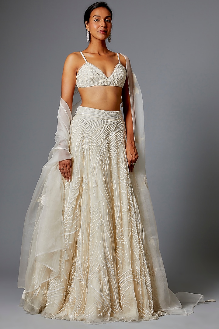 Ivory Handwoven Silk Embroidered Bridal Lehenga Set by The Little Black Bow at Pernia's Pop Up Shop