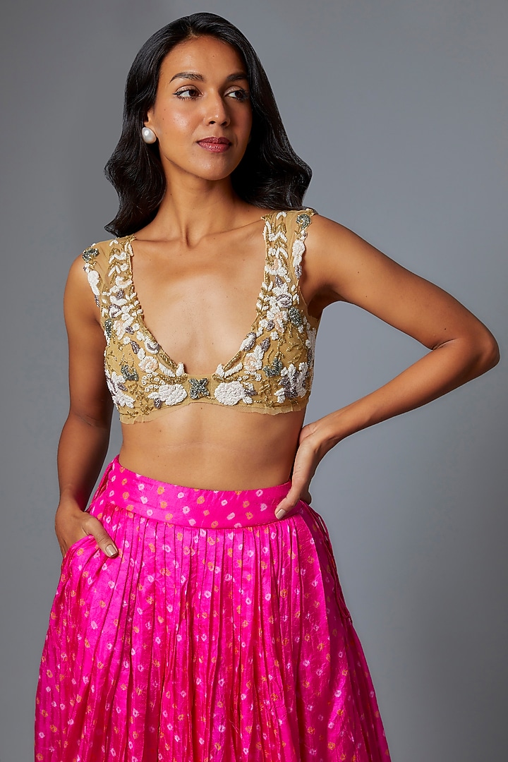 Pink Silk Bandhani Hand-Dyed Skirt Set by The Little Black Bow at Pernia's Pop Up Shop