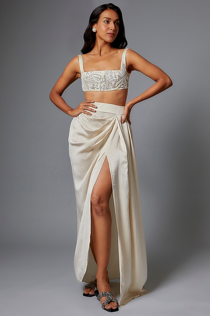 Ivory Handwoven Silk Draped Skirt Set by The Little Black Bow at Pernia's Pop Up Shop