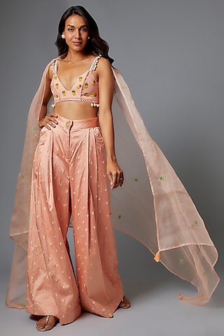 Coral Silk Satin Embroidered Pant Set by The Little Black Bow