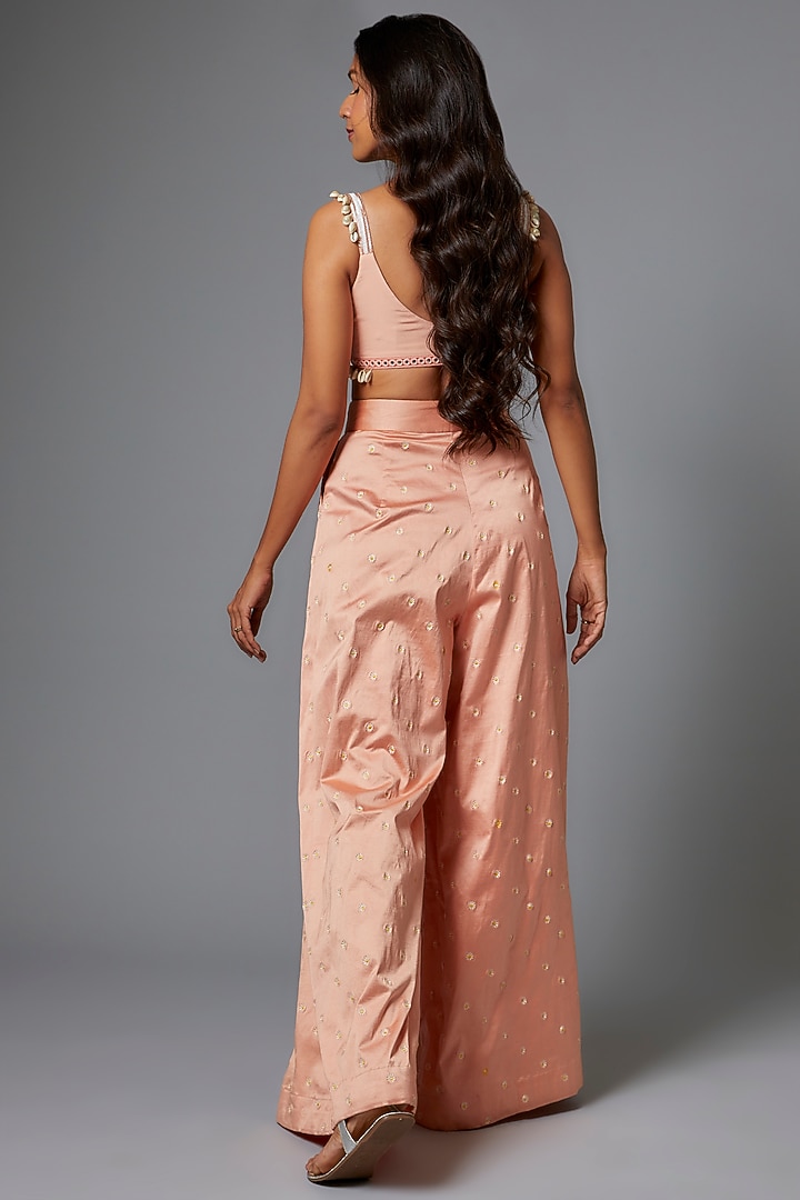 Coral Silk Satin Embroidered Pant Set by The Little Black Bow at Pernia's Pop Up Shop