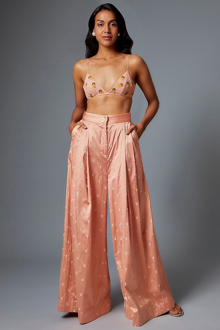 Coral Silk Satin Embroidered Pant Set by The Little Black Bow at Pernia's Pop Up Shop