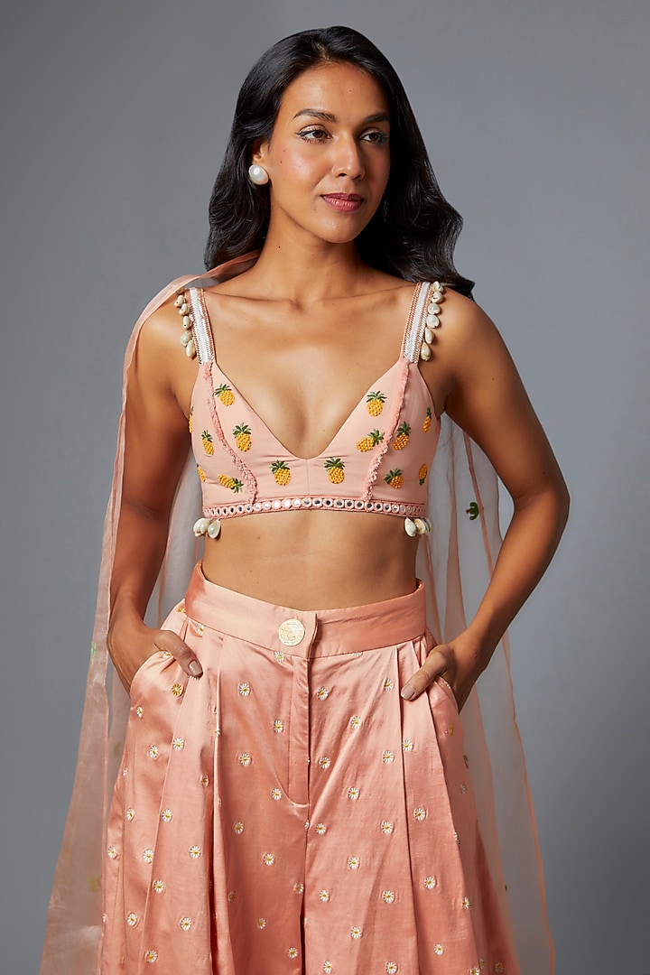 Coral Silk Satin Embroidered Pant Set by The Little Black Bow at Pernia's Pop Up Shop