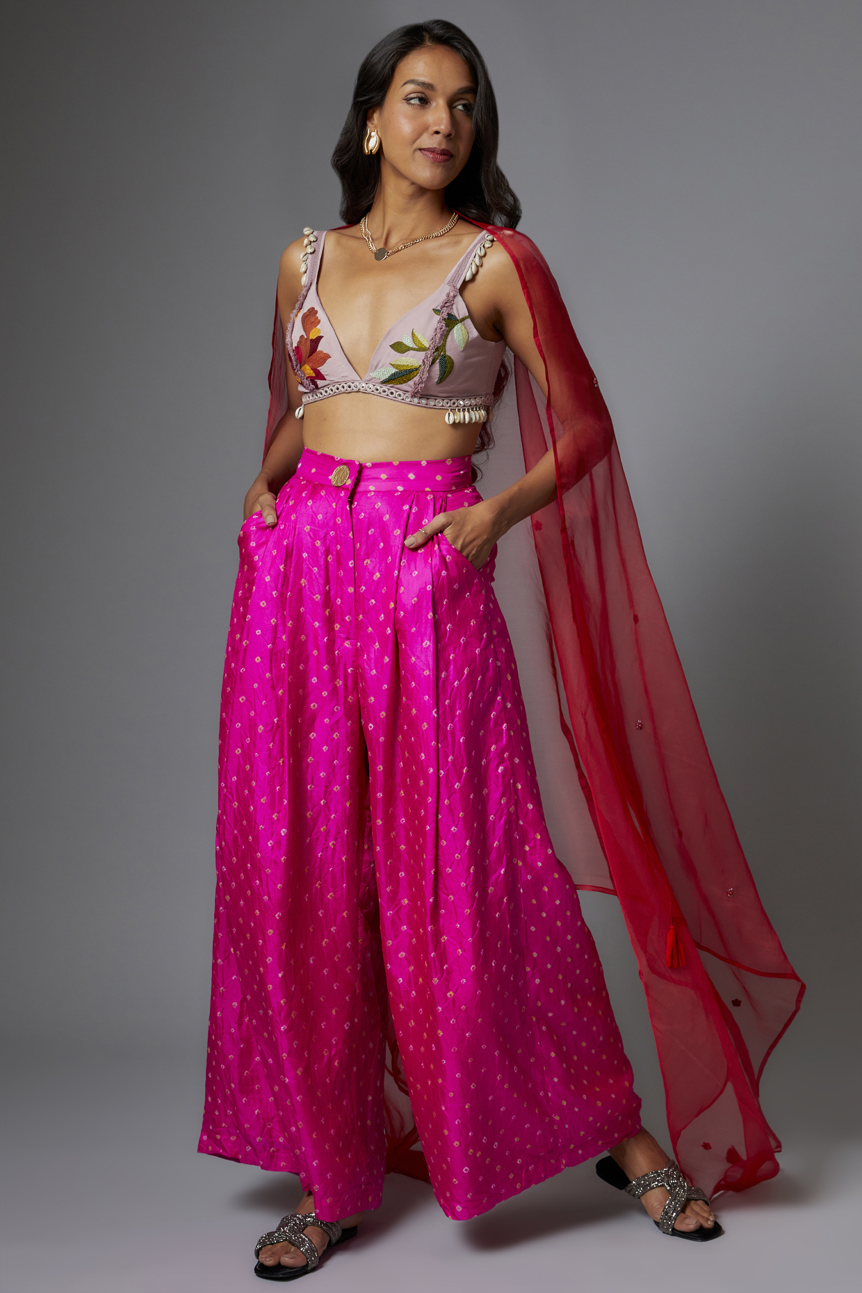 Pink Silk Bandhani Hand-Dyed Trouser Set by The Little Black Bow at Pernia's Pop Up Shop