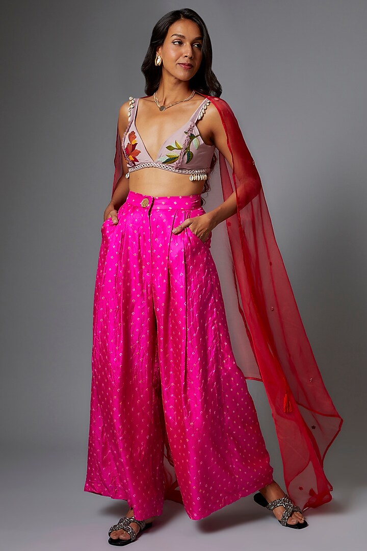 Pink Silk Bandhani Hand-Dyed Trouser Set by The Little Black Bow at Pernia's Pop Up Shop