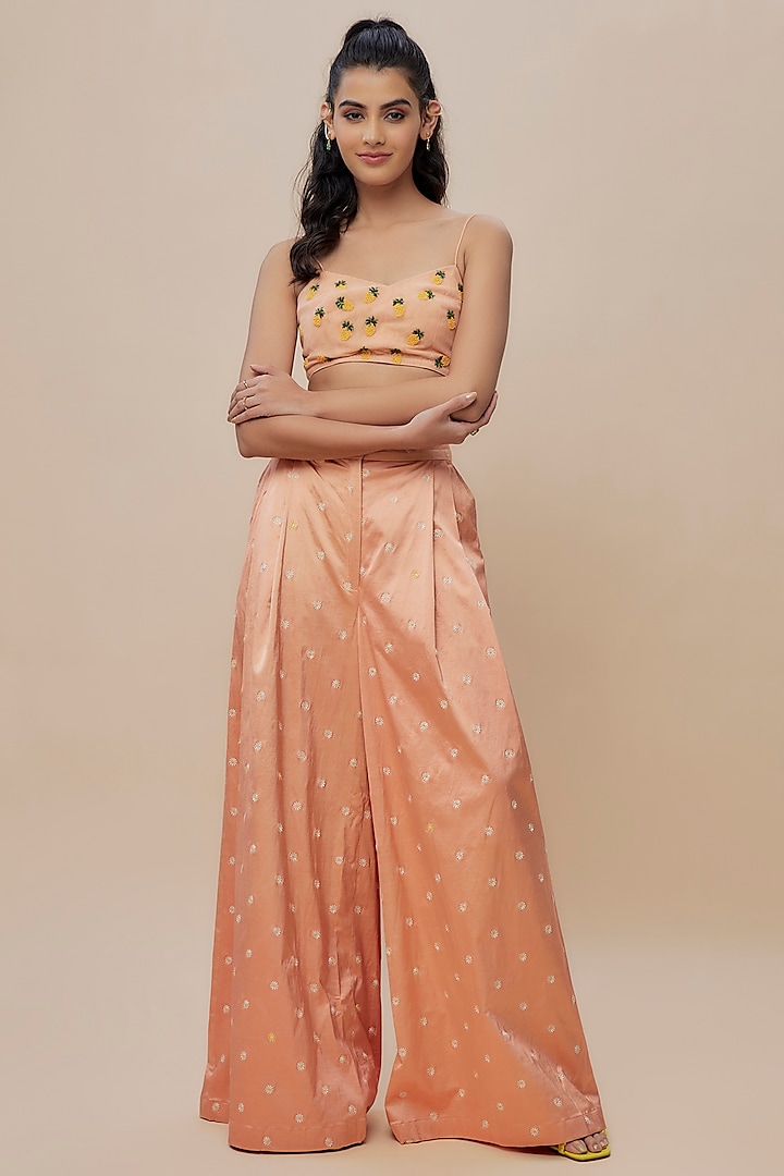 Peach Silk Satin Embroidered Trouser Set by The Little Black Bow at Pernia's Pop Up Shop