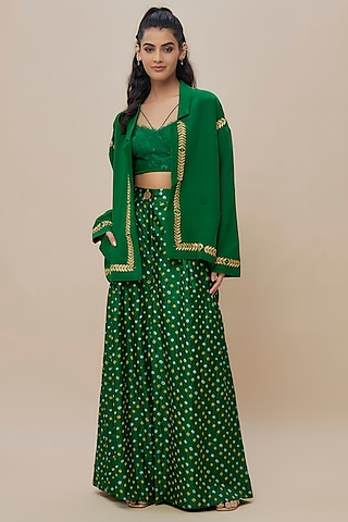 Green Handwoven Silk Hand Embroidered Jacket Set by The Little Black Bow