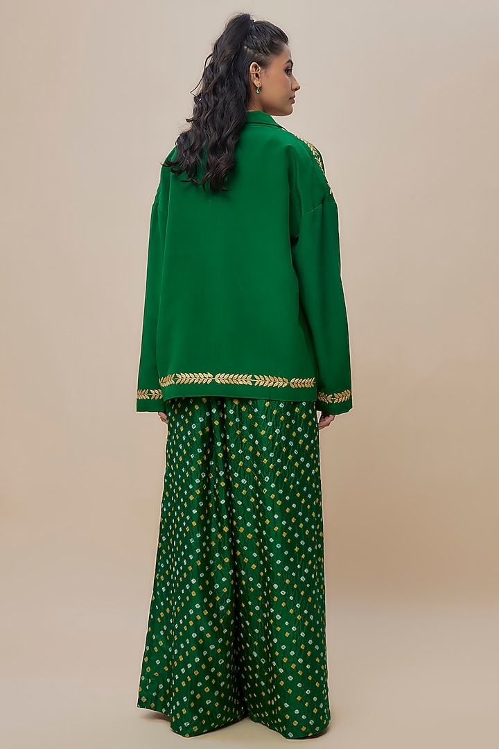 Green Handwoven Silk Hand Embroidered Jacket Set by The Little Black Bow at Pernia's Pop Up Shop