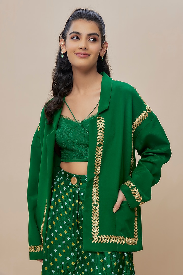Green Handwoven Silk Hand Embroidered Jacket Set by The Little Black Bow at Pernia's Pop Up Shop