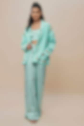 Blue Handwoven Silk Hand Embroidered Jacket Set by The Little Black Bow at Pernia's Pop Up Shop