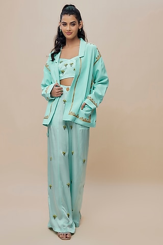 Blue Handwoven Silk Hand Embroidered Jacket Set by The Little Black Bow