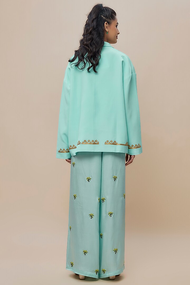 Blue Handwoven Silk Hand Embroidered Jacket Set by The Little Black Bow at Pernia's Pop Up Shop