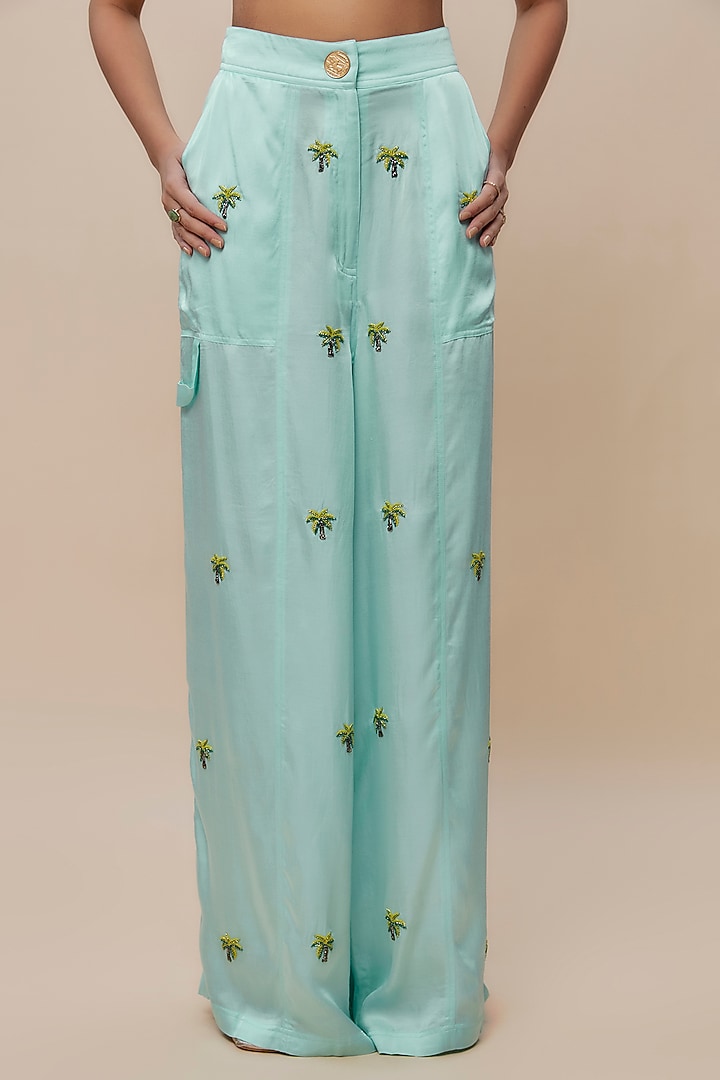 Blue Handwoven Silk Hand Embroidered Jacket Set by The Little Black Bow at Pernia's Pop Up Shop