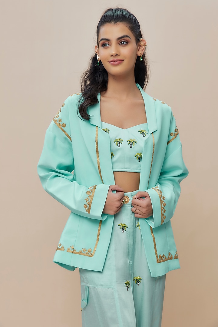 Blue Handwoven Silk Hand Embroidered Jacket Set by The Little Black Bow at Pernia's Pop Up Shop