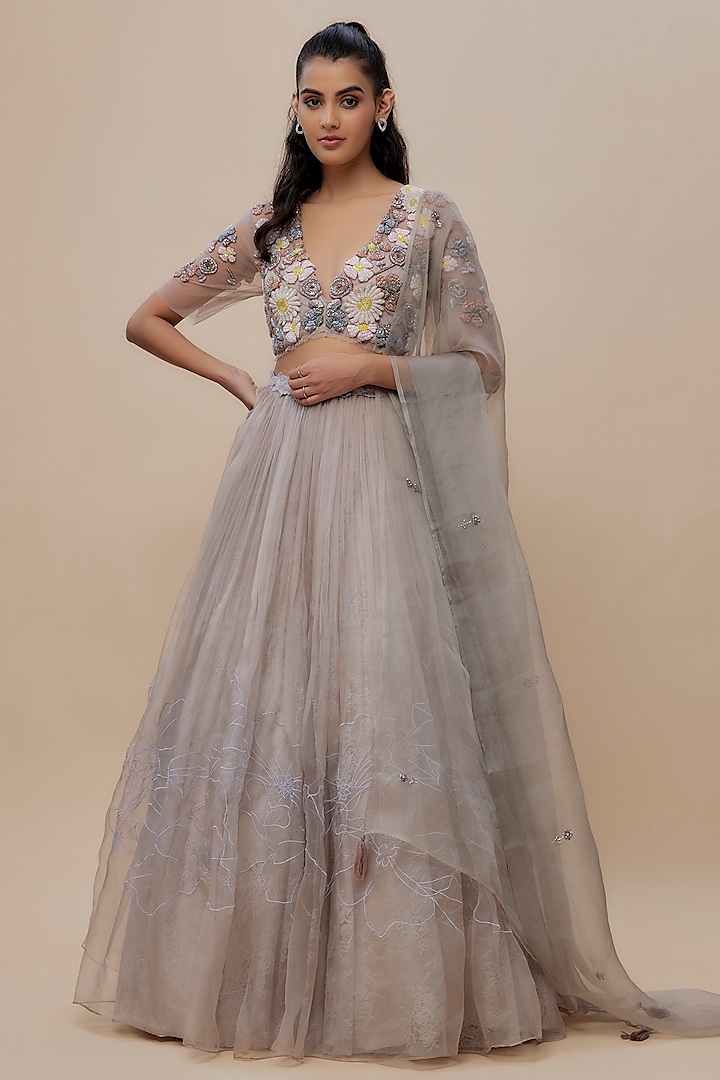 Lilac Organza Floral Thread Embroidered Lehenga Set by The Little Black Bow