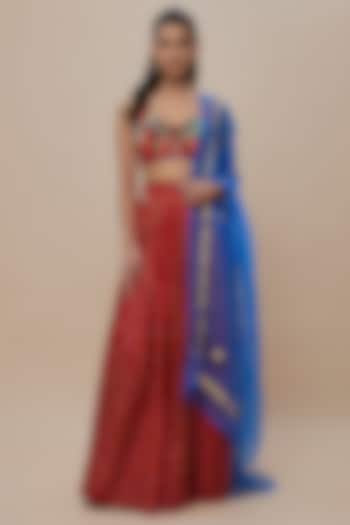 Red Handwoven Silk Bandhani Wedding Lehenga Set by The Little Black Bow at Pernia's Pop Up Shop