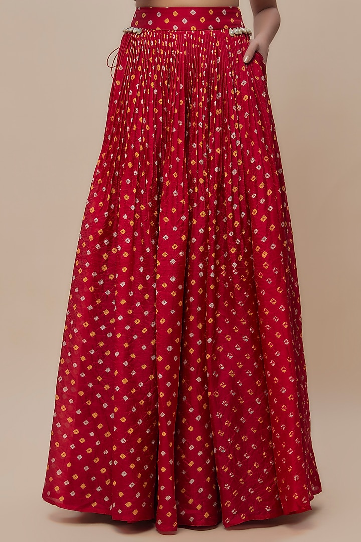 Red Handwoven Silk Bandhani Wedding Lehenga Set by The Little Black Bow at Pernia's Pop Up Shop