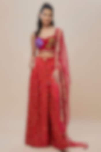 Red Handwoven Bandhani Silk Trouser Set by The Little Black Bow