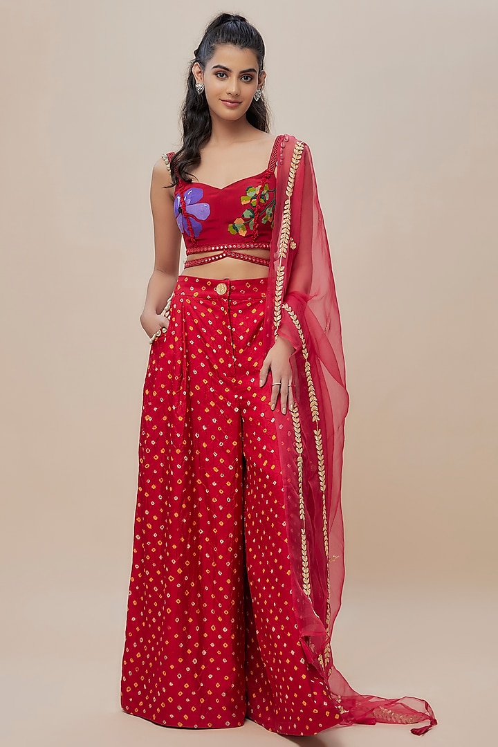 Red Handwoven Bandhani Silk Trouser Set by The Little Black Bow