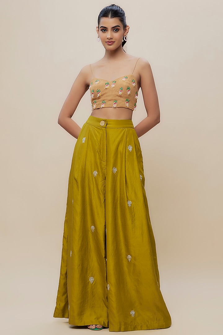 Green Silk Embroidered Trouser Set by The Little Black Bow at Pernia's Pop Up Shop