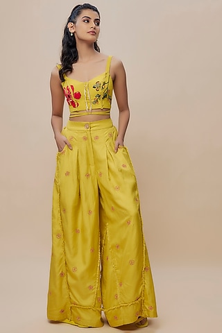 Yellow Handwoven Silk Hand Embroidered Pant Set by The Little Black Bow
