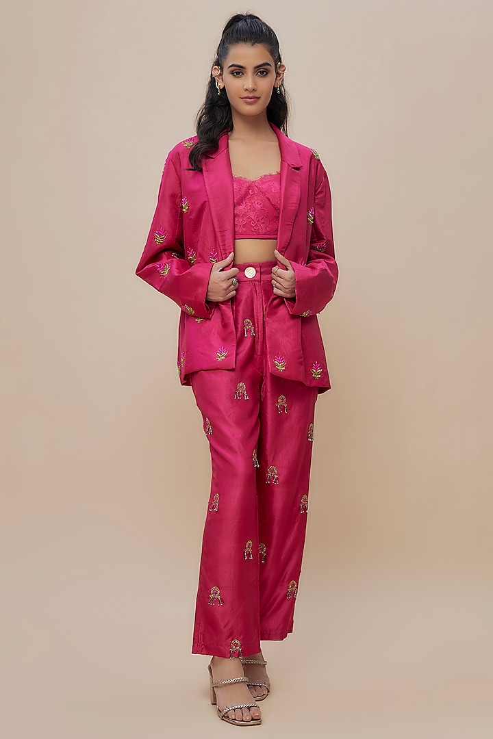 Pink Handwoven Silk Embroidered Jacket Set by The Little Black Bow at Pernia's Pop Up Shop