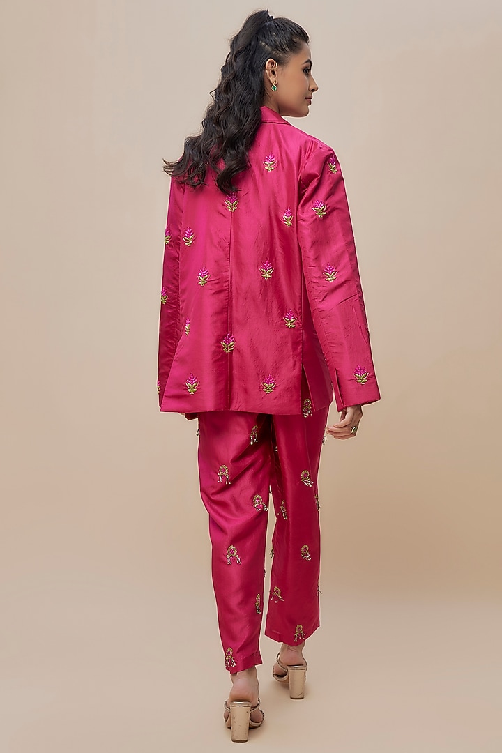 Pink Handwoven Silk Embroidered Jacket Set by The Little Black Bow at Pernia's Pop Up Shop