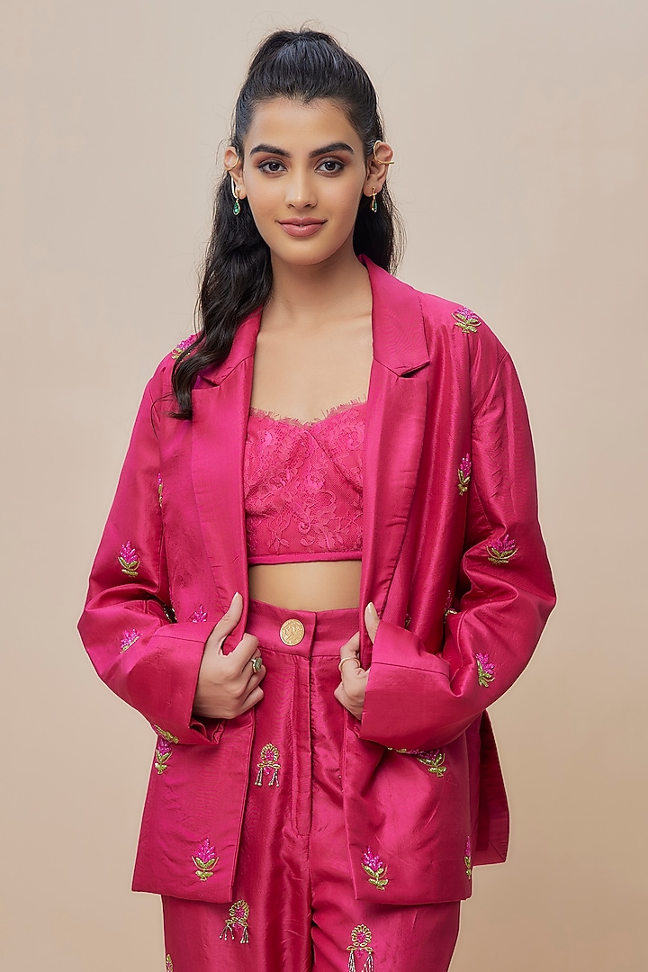 Pink Handwoven Silk Embroidered Jacket Set by The Little Black Bow at Pernia's Pop Up Shop