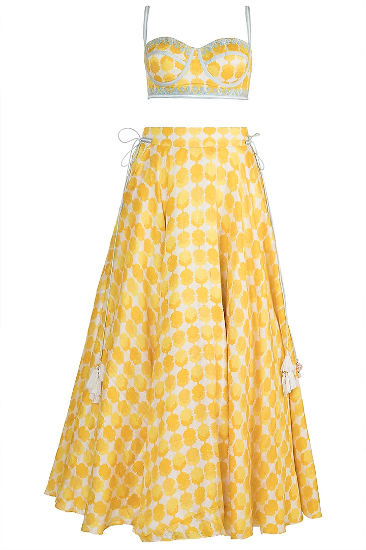 Yellow Embroidered Printed Lehenga Set by The little black bow