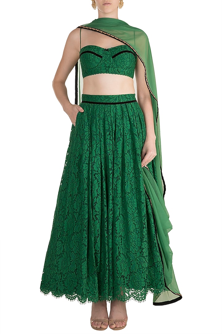 Emerald Green Lace Lehenga Set by The little black bow at Pernia's Pop Up Shop