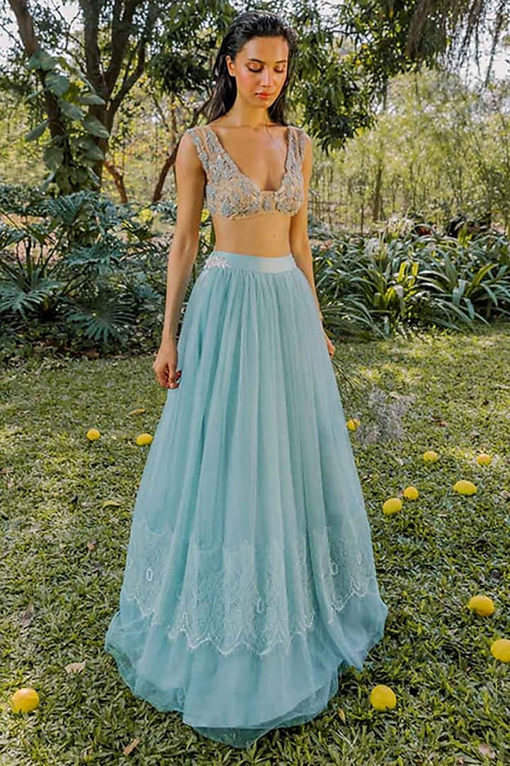 Blue Tulle Hand Embroidered Lehenga Set by The Little Black Bow
