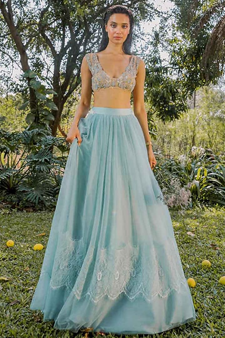 Blue Tulle Hand Embroidered Wedding Lehenga Set by The Little Black Bow at Pernia's Pop Up Shop