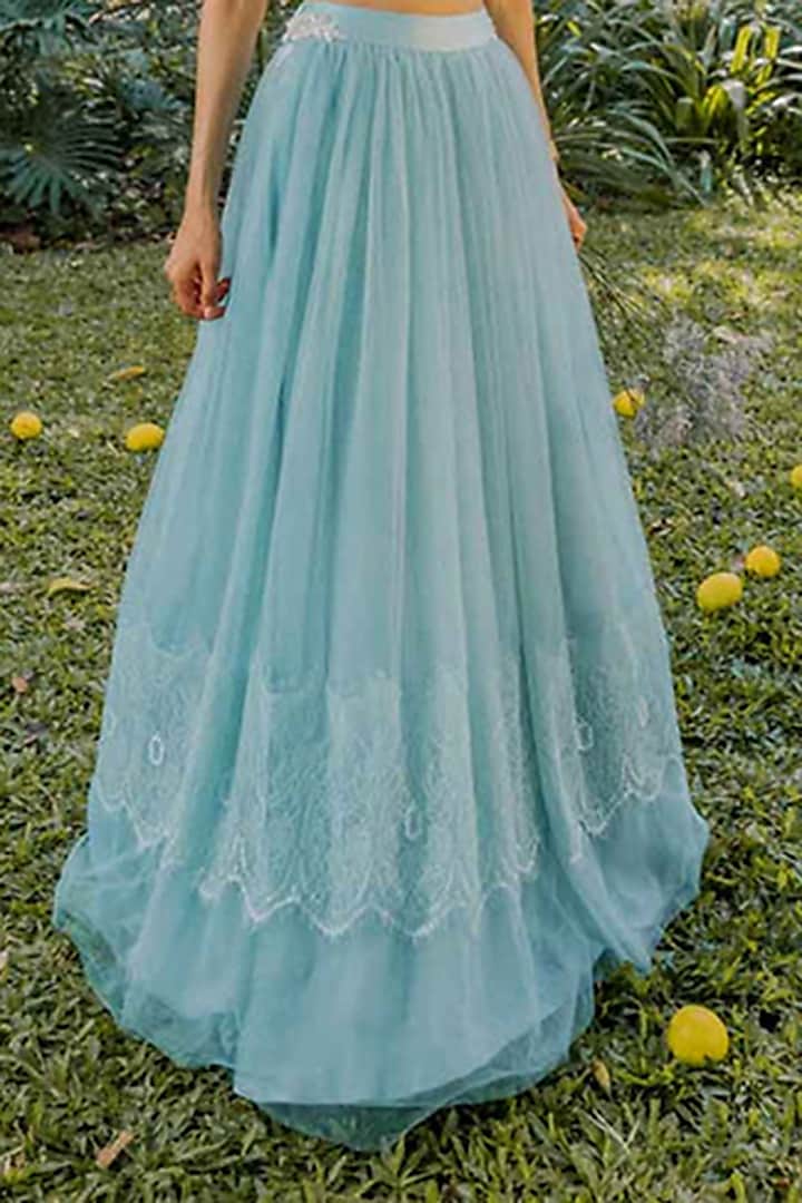 Blue Tulle Hand Embroidered Wedding Lehenga Set by The Little Black Bow at Pernia's Pop Up Shop