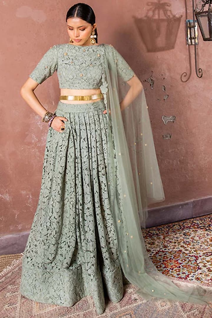 Sage Green Tulle & Silk Embroidered Lehenga Set by The Little Black Bow